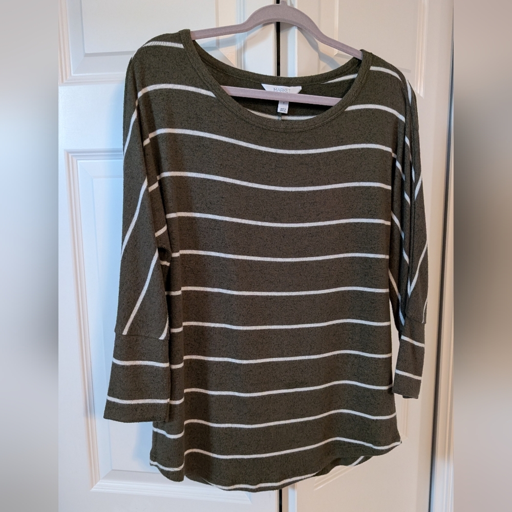 Olive and White Striped Long Sleeve Top
